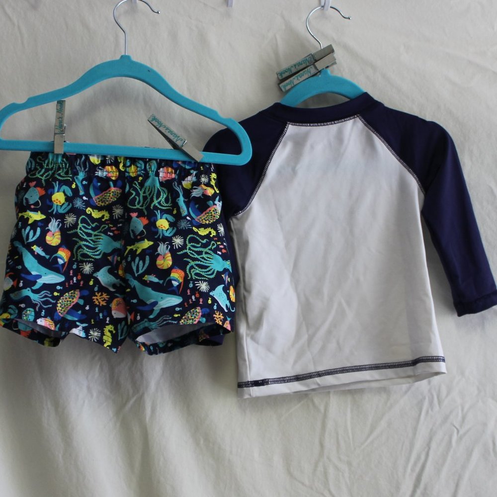 Set 💙 Cat & Jack Tropical Rash Guard Swim Shorts 12M Sunglasses - Picture 10 of 12